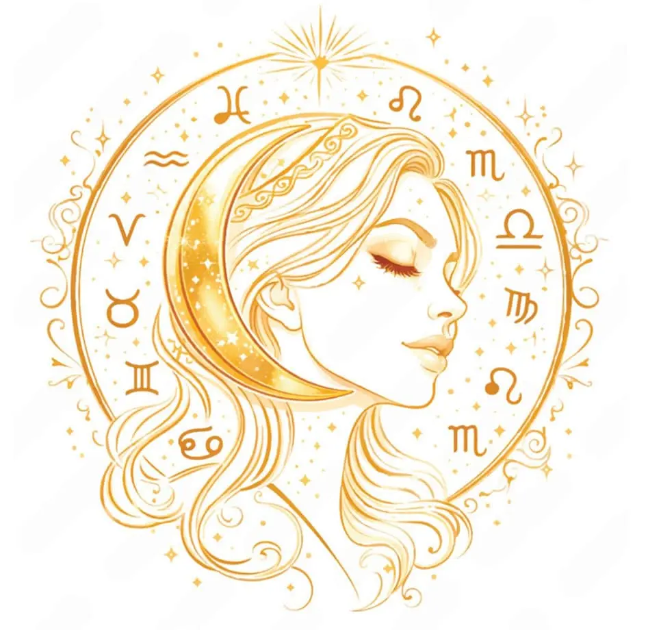 woman with zodiac signs around her