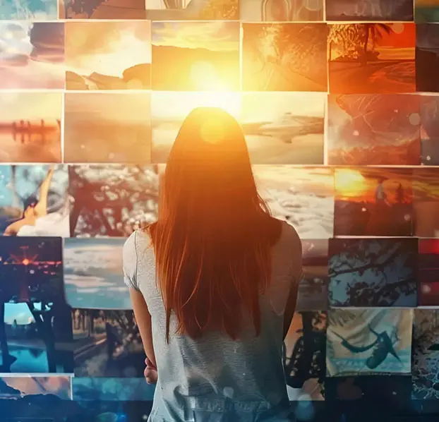 Woman surrounded by dreamlike images and symbols.