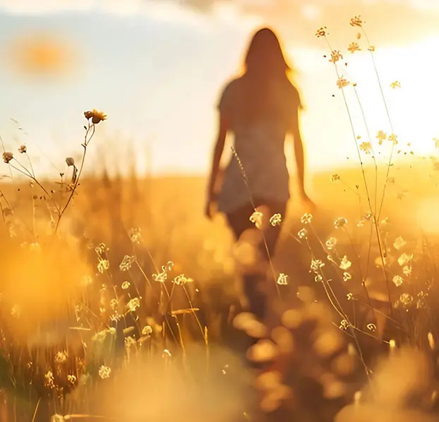 Woman walking through a field, reflecting on life's journey.